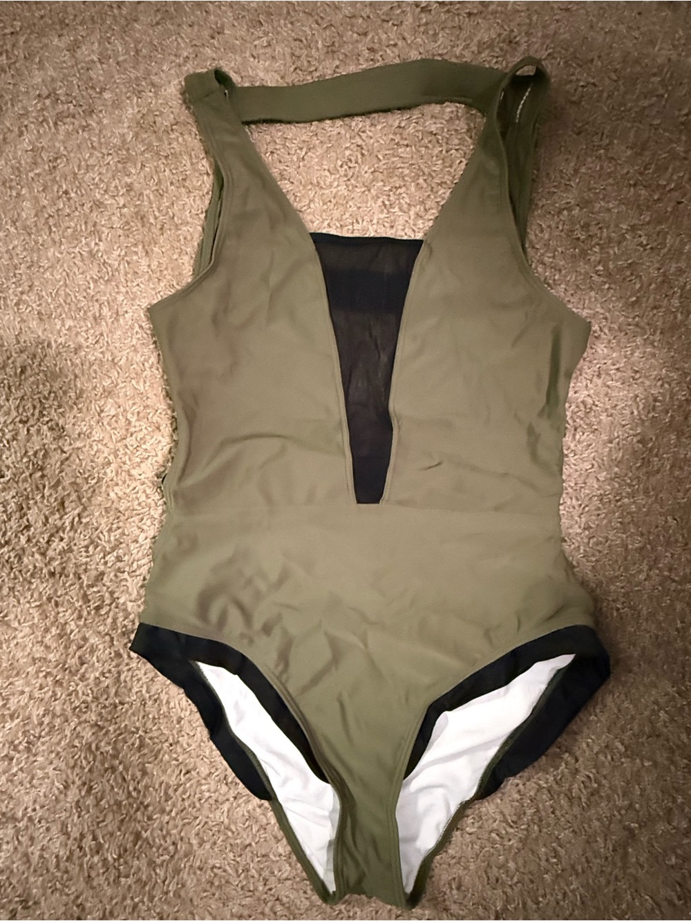 Cupshe Olive Green One-Piece Swimsuit with Black Mesh Plunge